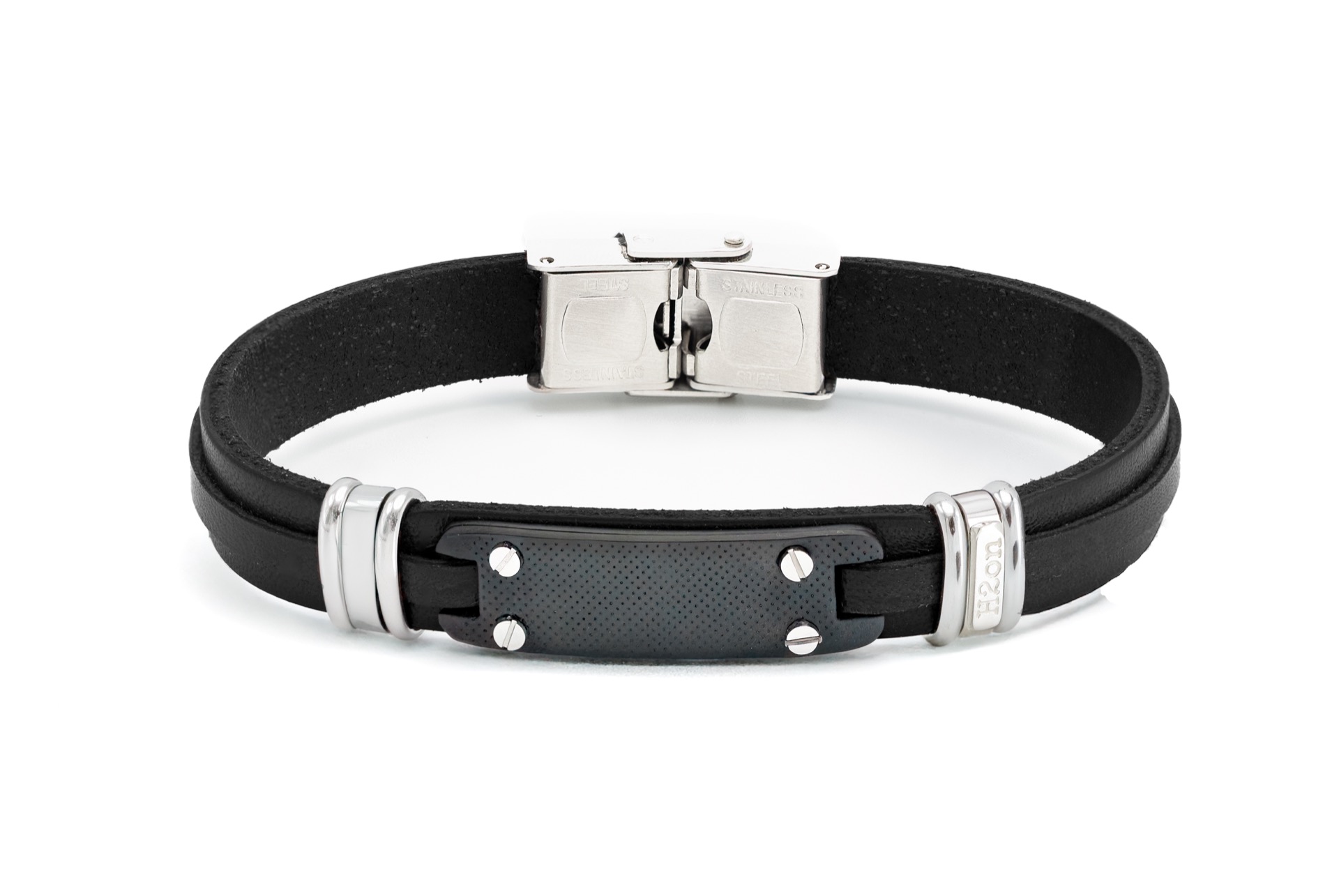 Βραχιόλι από ανοξείδωτο ατσάλι και μαύρο δέρμα, με κεντρική πλάκα από ατσάλι PVD  HO111-12